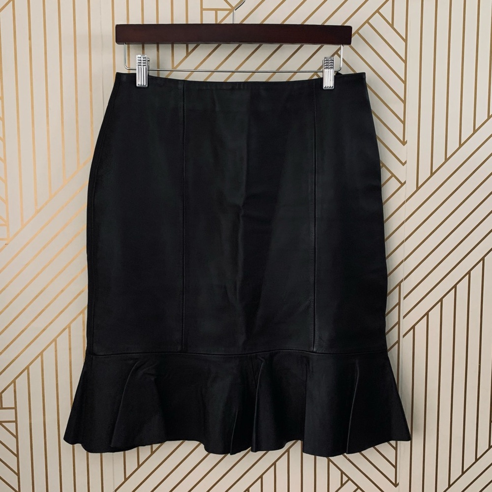 Vintage Leather trumpet Skirt flounce ruffle hem pencil detail Dialogue Black 12